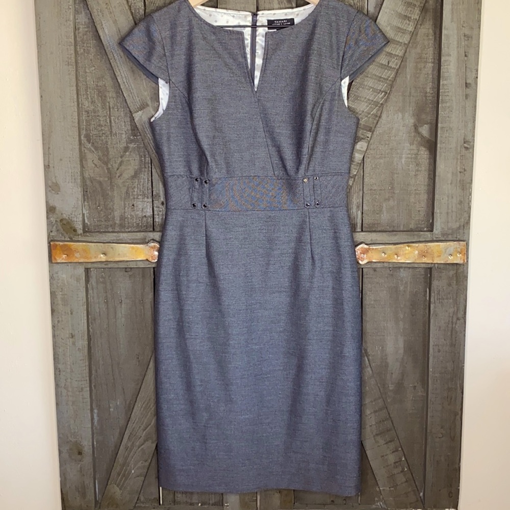 TAHARI Grey Split Neck, Cap Sleeve Sheath Dress